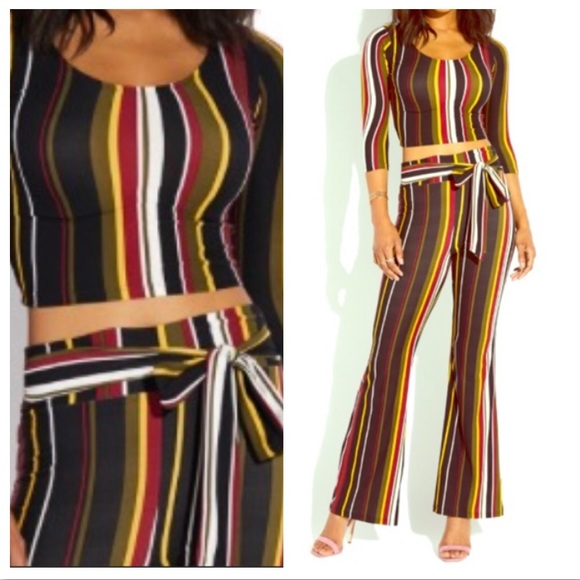2 PCS MULTI STRIPE CROP TOP HIGH RISE PANT SET - Picture 4 of 11